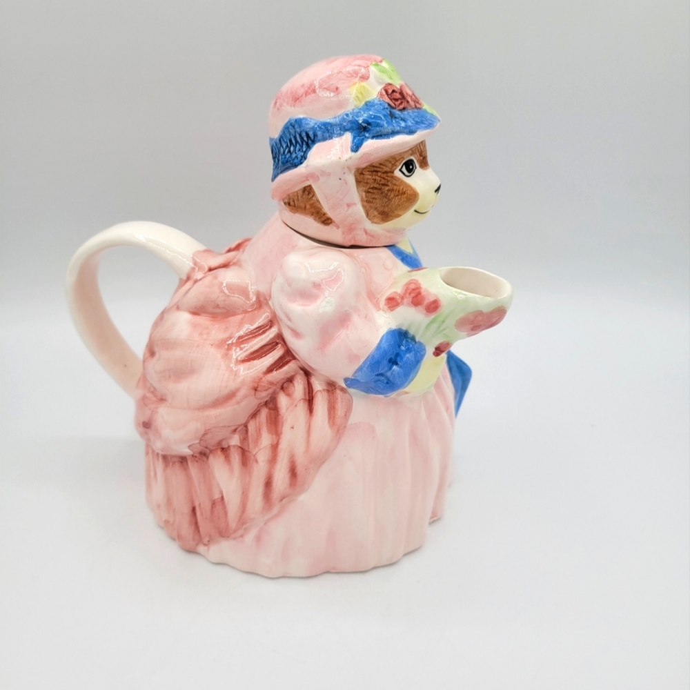 Vintage Ceramic Cat‎ Teapot Victorian Style Pink Blue Dress Collectible Decor
